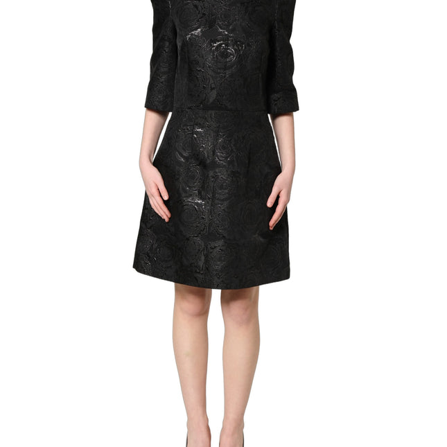 Dolce & Gabbana Black Floral Jacquard Flared A-line Dress