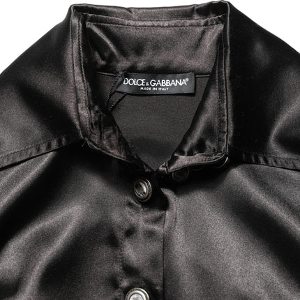 Dolce & Gabbana Black Satin Long Puff Sleeves Pleated Dress