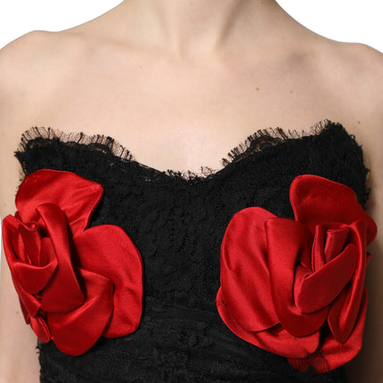 Dolce & Gabbana Black Strapless Red Rose Sequined Midi Dress