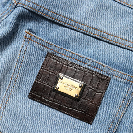 Dolce & Gabbana Blue Distressed Pleated Cotton Denim Jeans