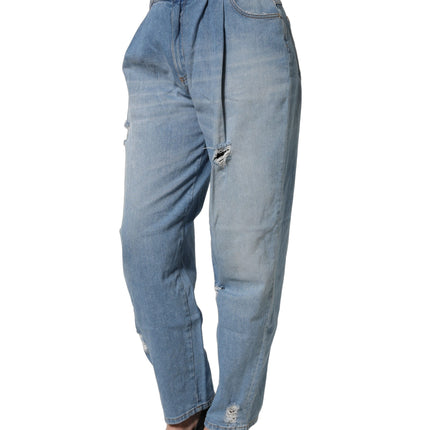 Dolce & Gabbana Blue Distressed Pleated Cotton Denim Jeans
