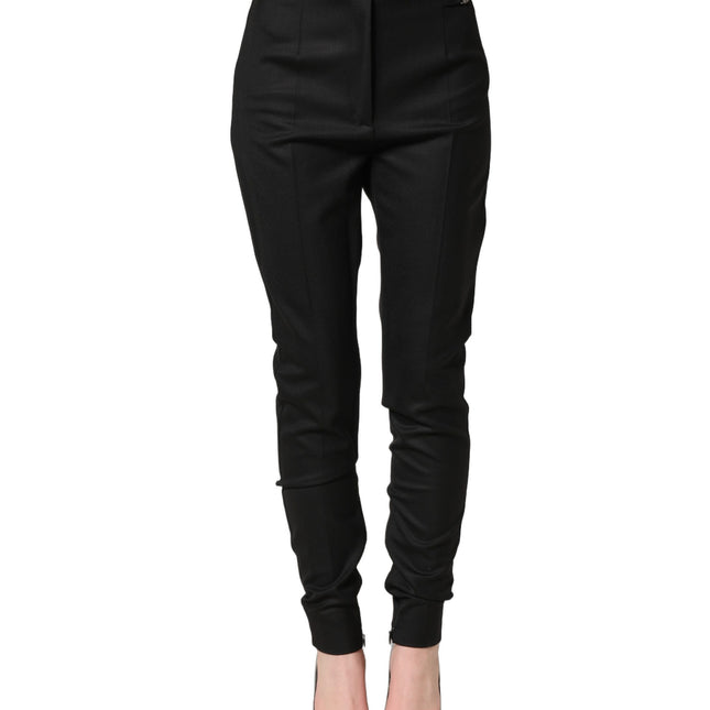 Dolce & Gabbana Black Wool High Waisted Logo Trouser Pants