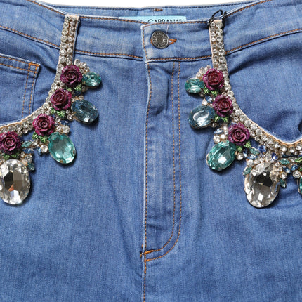 Dolce & Gabbana Blue Cotton Embellished BermudaDenim Shorts