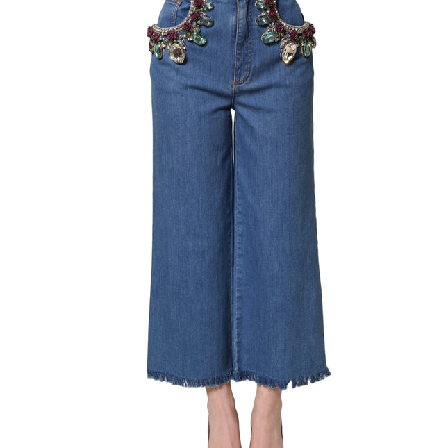 Dolce & Gabbana Blue Embellished Wide Cropped Denim Jeans