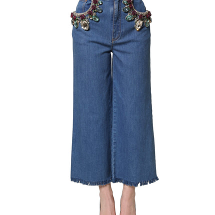 Dolce & Gabbana Blue Embellished Wide Cropped Denim Jeans