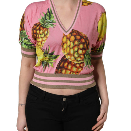 Dolce & Gabbana Pink Pineapple Vneck Short Sleeve Cropped Top