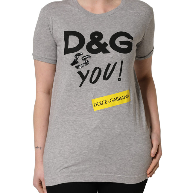 Dolce & Gabbana Gray Cotton Logo Printed Crew Neck T-shirt