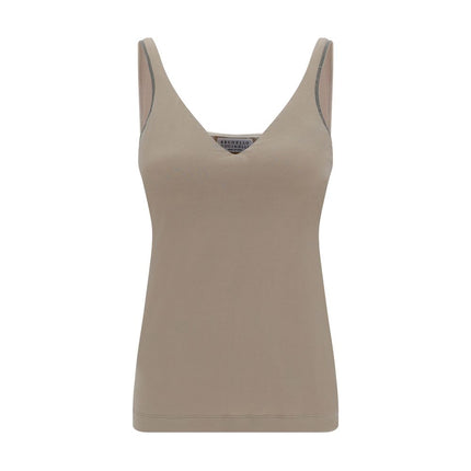 Brunello Cucinelli Beige Cotton Sleeveles T-Shirt