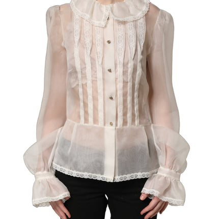 Dolce & Gabbana White Ruffled Sheer Silk Buttoned Blouse Top