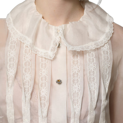 Dolce & Gabbana White Ruffled Sheer Silk Buttoned Blouse Top