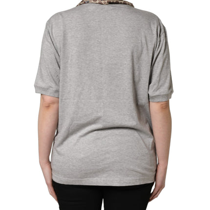 Dolce & Gabbana Gray Cotton V-neck Owl Silk Scarf Top T-shirt