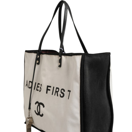 Chanel Ladies First White and Black Canvas Shopper Tote Bag
