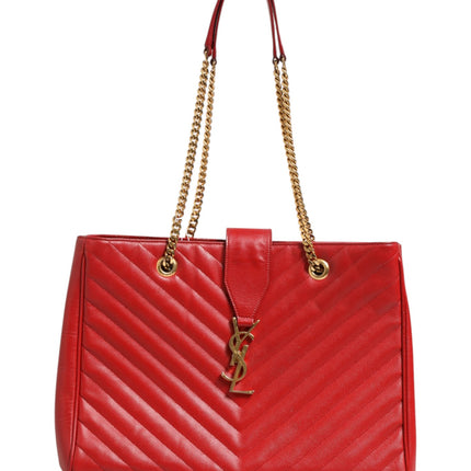 Saint Laurent Red Chevron Quilted Grained Leather Monogram Tote Bag