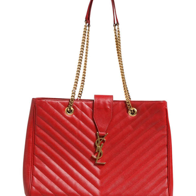 Saint Laurent Red Chevron Quilted Grained Leather Monogram Tote Bag