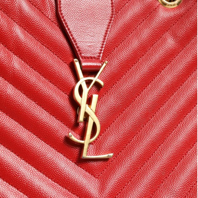 Saint Laurent Red Chevron Quilted Grained Leather Monogram Tote Bag