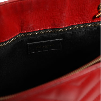 Saint Laurent Red Chevron Quilted Grained Leather Monogram Tote Bag