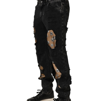 Dolce & Gabbana Black Distressed Cotton Straight Denim Jeans