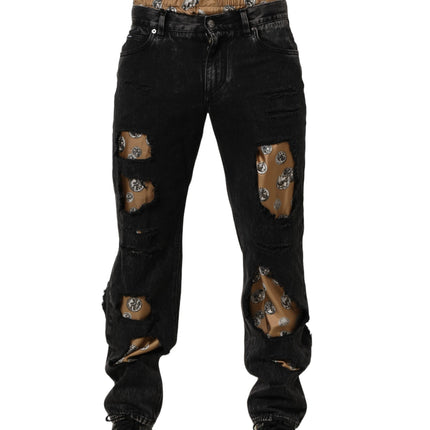 Dolce & Gabbana Black Distressed Cotton Straight Denim Jeans