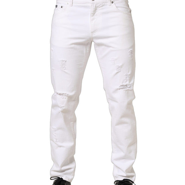 Dolce & Gabbana White Cotton Ripped Slim Fit Men Denim Jeans