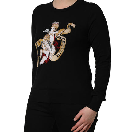 Dolce & Gabbana Black Angels Wool Crew Neck Pullover Sweater