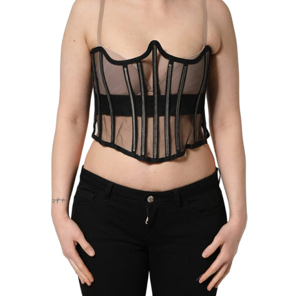Dolce & Gabbana Black Sheer Tulle Bodysuit Cropped Corset Top