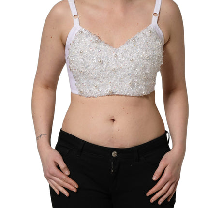 Dolce & Gabbana White Pearls Beaded Corset Bustier Crop Top