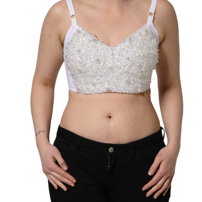 Dolce & Gabbana White Pearls Beaded Corset Bustier Crop Top