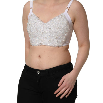 Dolce & Gabbana White Pearls Beaded Corset Bustier Crop Top