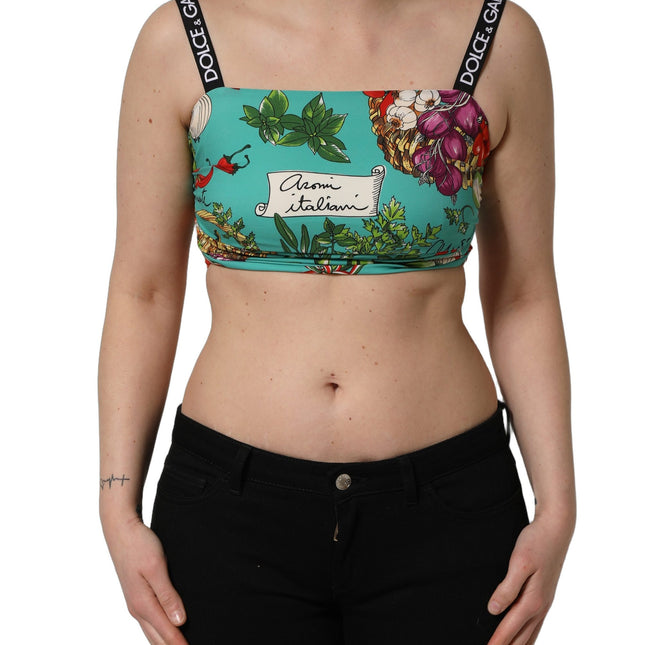 Dolce & Gabbana Turquoise Vegetable Print Silk Crop Tank Top