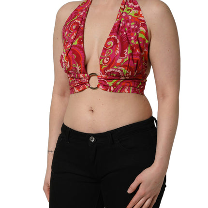 Dolce & Gabbana Red Paisley Silk Halter Neck Crop Tank Top