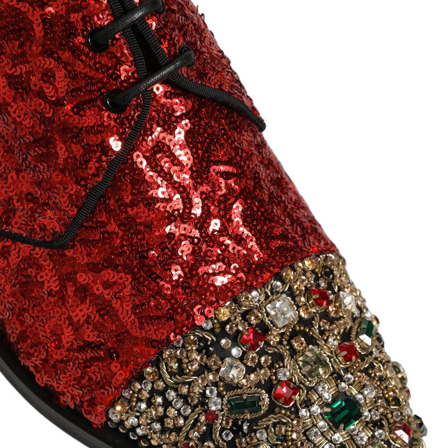 Dolce & Gabbana Red Sequin Embellished Men Derby Dress Shoes