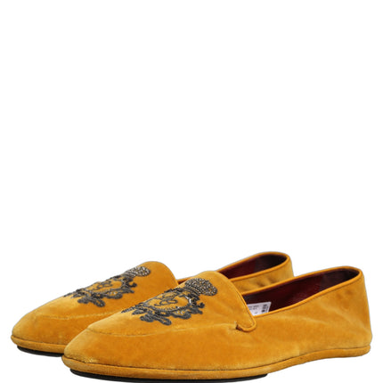 Dolce & Gabbana Yellow Velvet Crown Embroidery Loafers Shoes