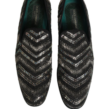 Dolce & Gabbana Black Silver Embellished Slip On Loafers Shoes