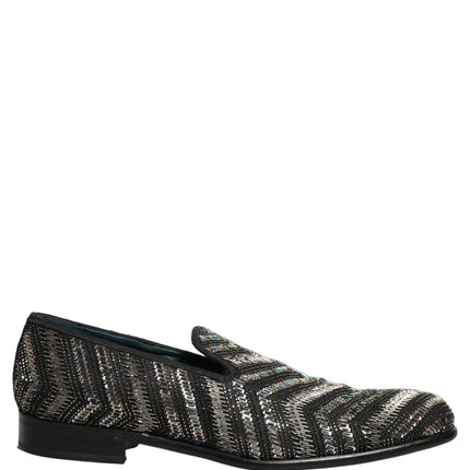 Dolce & Gabbana Black Silver Embellished Slip On Loafers Shoes