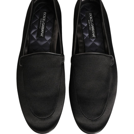 Dolce & Gabbana Black Satin Logo Slip On Flats Loafers Shoes