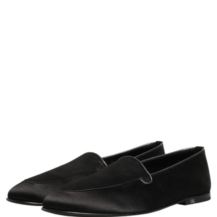 Dolce & Gabbana Black Satin Logo Slip On Flats Loafers Shoes