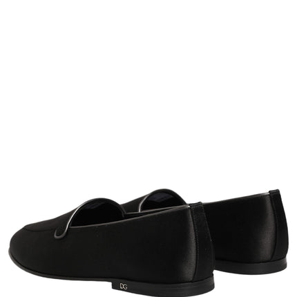 Dolce & Gabbana Black Satin Logo Slip On Flats Loafers Shoes