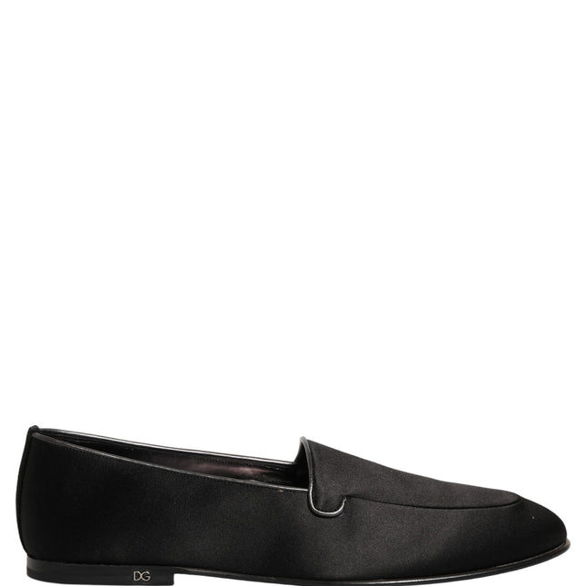 Dolce & Gabbana Black Satin Logo Slip On Flats Loafers Shoes