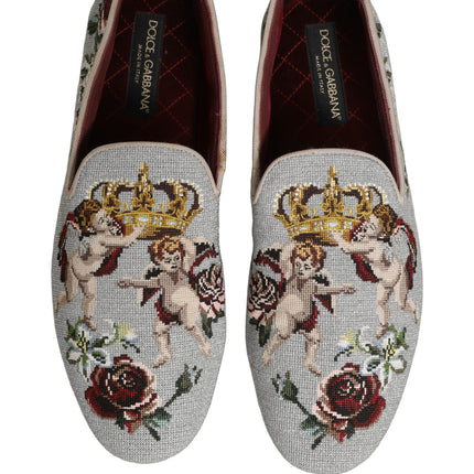 Dolce & Gabbana Gray Crown Rose Angel Embroidery Loafer Shoes