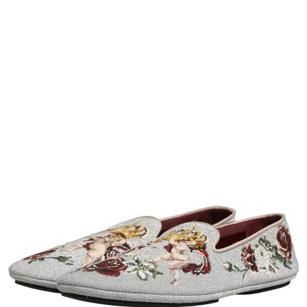 Dolce & Gabbana Gray Crown Rose Angel Embroidery Loafer Shoes