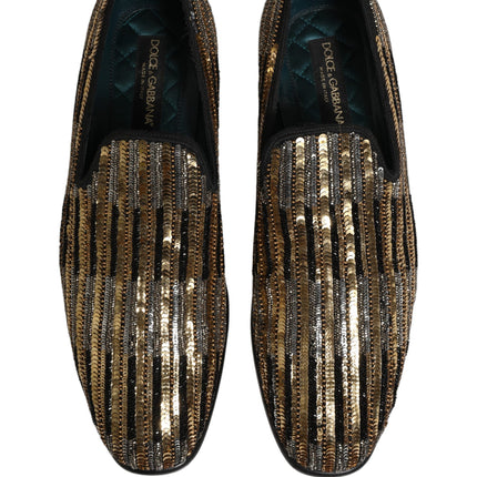 Dolce & Gabbana Gold Striped Sequin Embellished Loafer Shoes