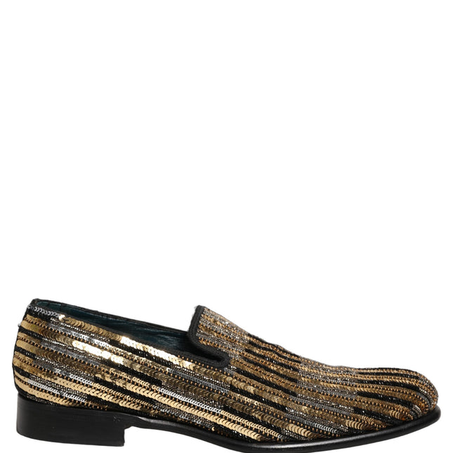 Dolce & Gabbana Gold Striped Sequin Embellished Loafer Shoes