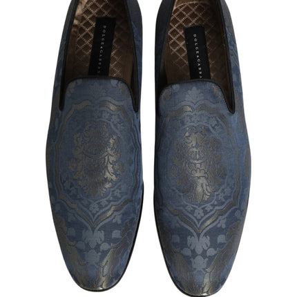 Dolce & Gabbana Blue Floral Brocade Slip On Loafers Shoes