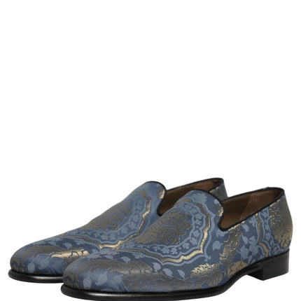Dolce & Gabbana Blue Floral Brocade Slip On Loafers Shoes