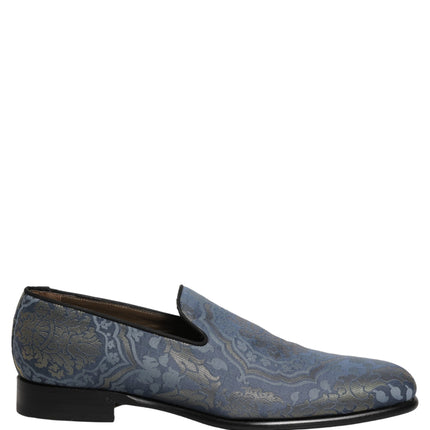 Dolce & Gabbana Blue Floral Brocade Slip On Loafers Shoes