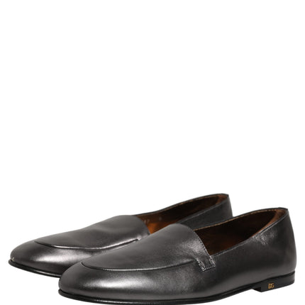 Dolce & Gabbana Silver Leather DG Logo Slip On Loafers Shoes