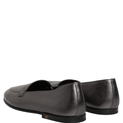 Dolce & Gabbana Silver Leather DG Logo Slip On Loafers Shoes