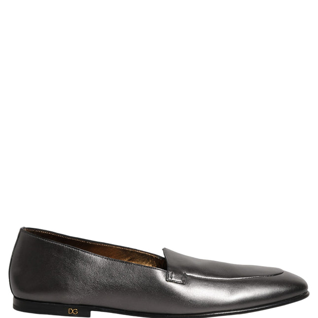Dolce & Gabbana Silver Leather DG Logo Slip On Loafers Shoes