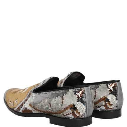 Dolce & Gabbana White Gold Sequined Slip On Loafers Shoes