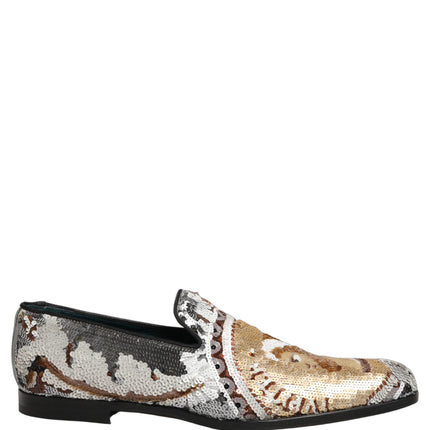 Dolce & Gabbana White Gold Sequined Slip On Loafers Shoes